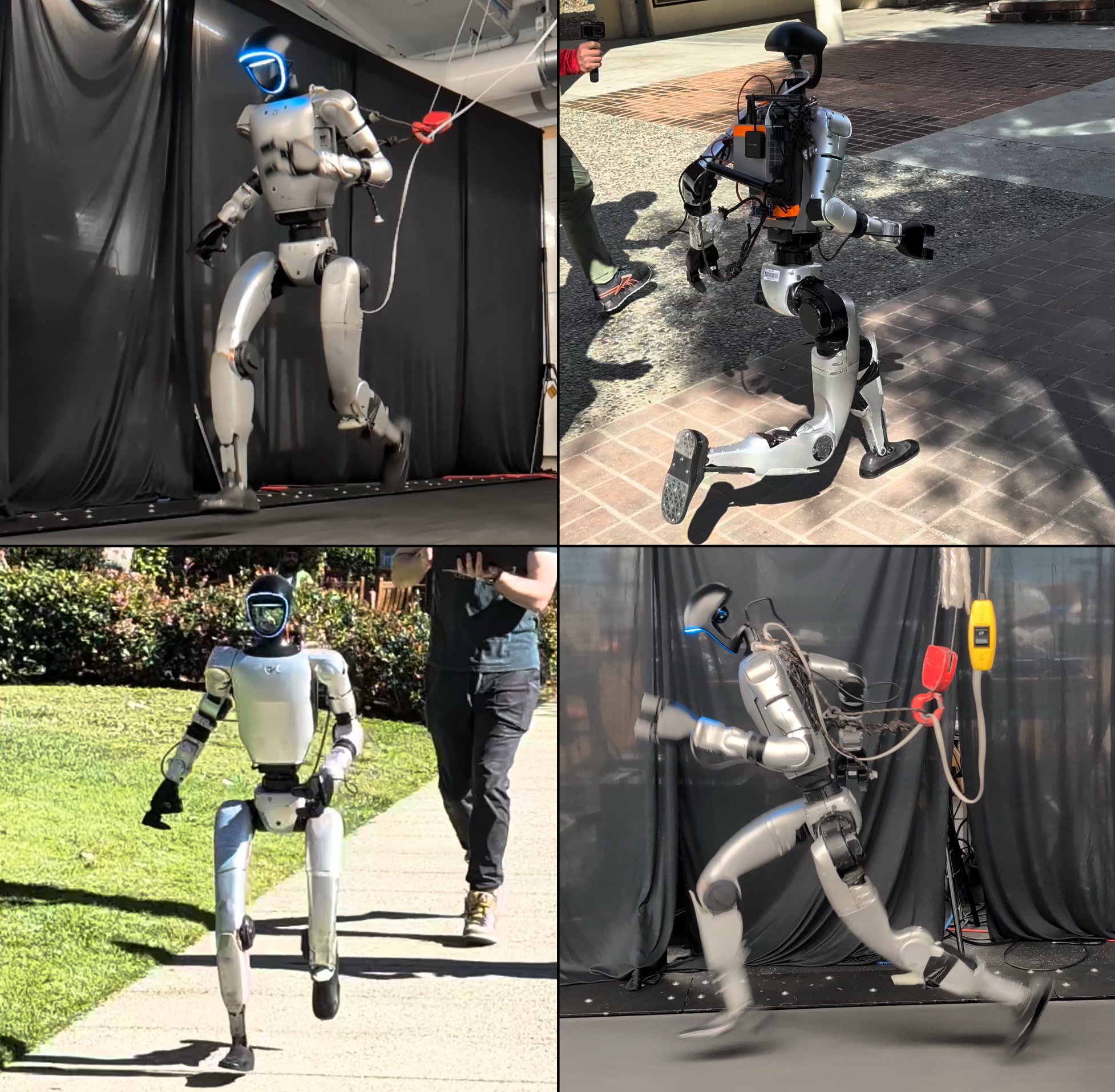 Demonstration of the running controller working inside on a constrained treadmill and in outdoor real world environments. The running appears human-like while still achieving the commanded speed through a combination of optimized retargeted human data and control guided reward shaping.