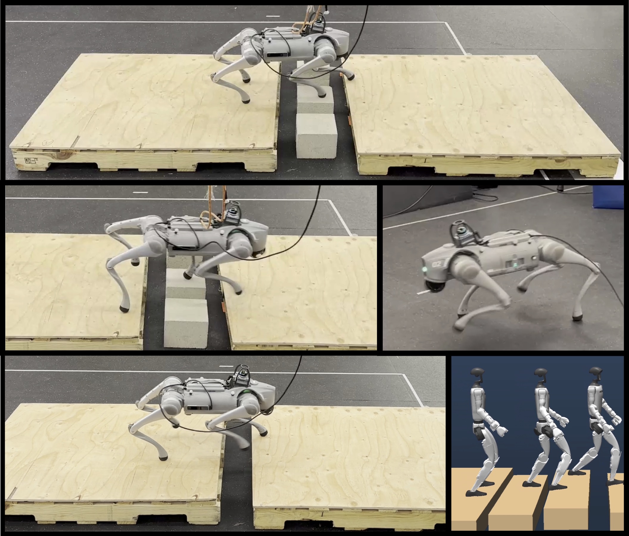 Demonstration of the layered controller dynamically navigating over complex terrain and locomoting effectively on flat ground. The controller is both versatile in the terrain and actions it can stabilize and fast enough for real-time control.
